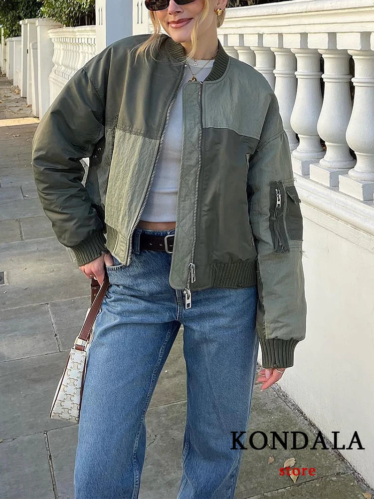 Women Patchwork Zipper Pockets Oversized Jackets 2025