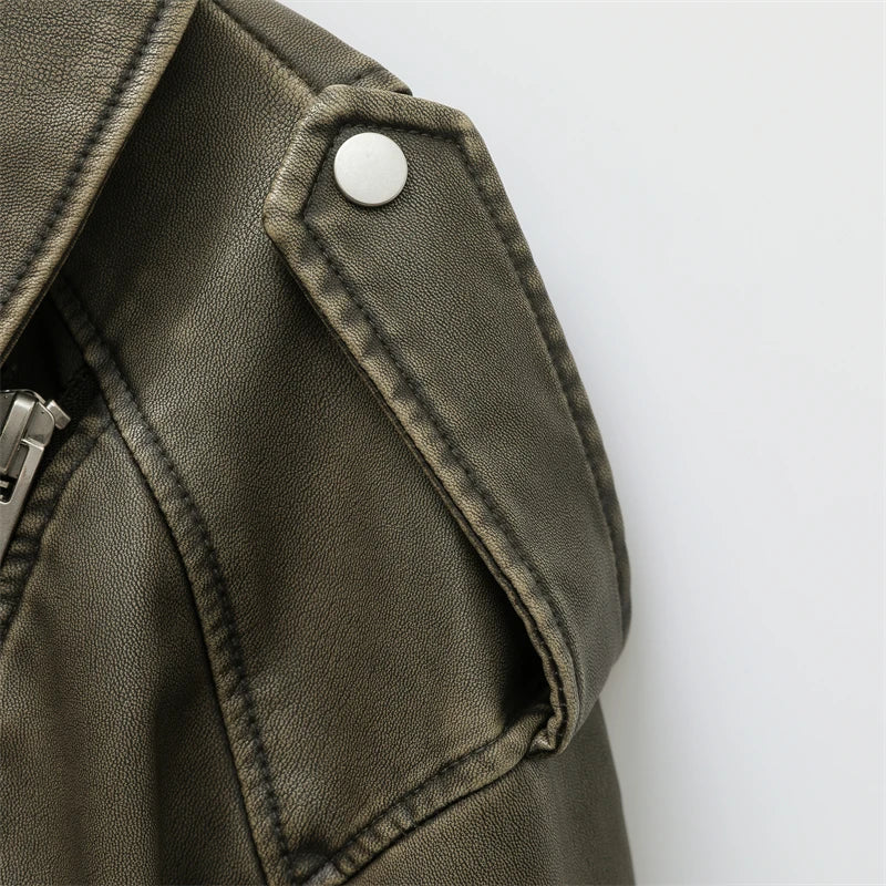 Women Vintage Leather Short Jacket with Belt