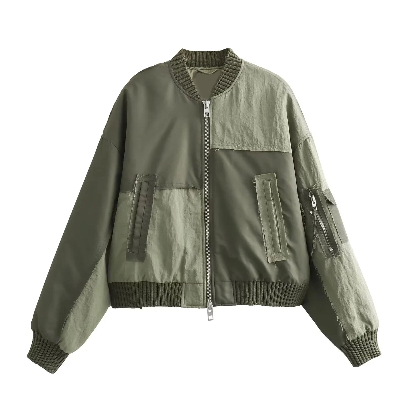 Women Patchwork Zipper Pockets Oversized Jackets 2025