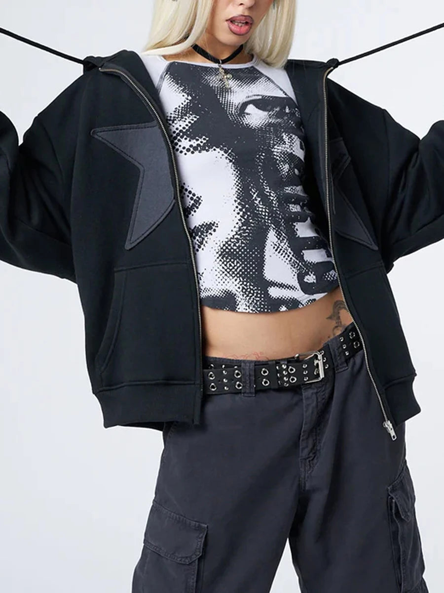 Vintage Star Print Hooded Hoodie for Women Casual Loose Long Sleeve Zip Up
