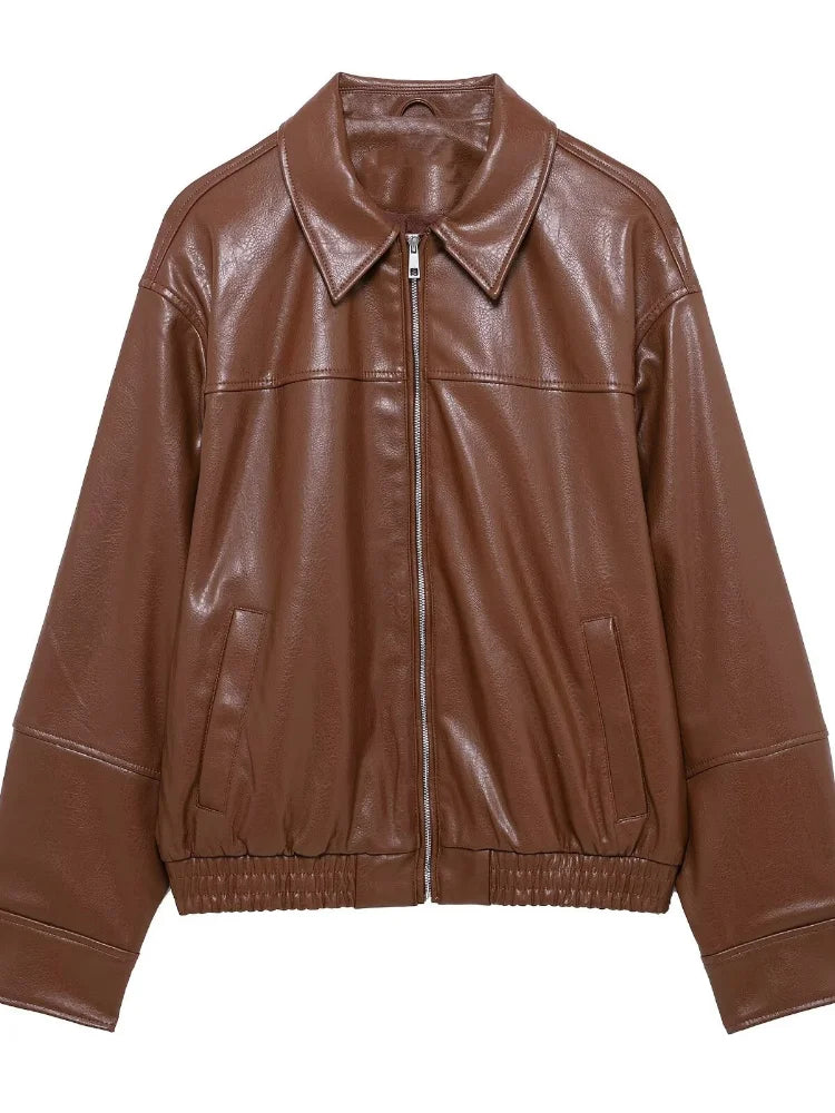 Fashion Green Loose Leather Jackets Women's Long Sleeve Short Coats