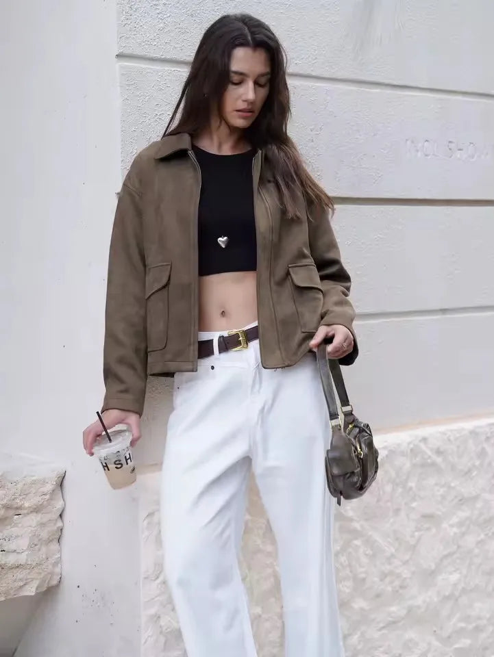 Women Fashion Basic Short Suede Pockets Jacket and Coat