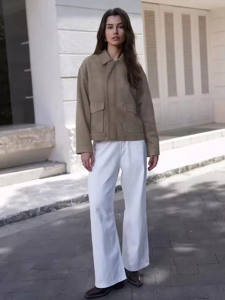 Women Fashion Basic Short Suede Pockets Jacket and Coat