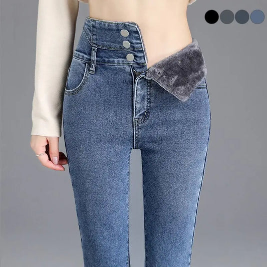 Thermal Winter Skinny Jeans Thick Women Stretch Button Jeans