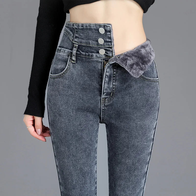 Thermal Winter Skinny Jeans Thick Women Stretch Button Jeans