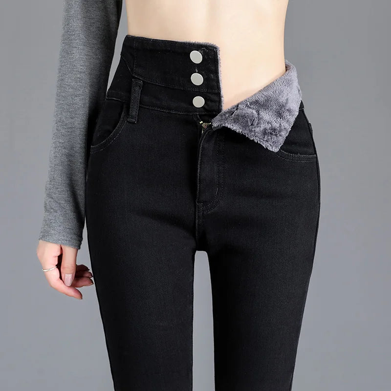 Thermal Winter Skinny Jeans Thick Women Stretch Button Jeans