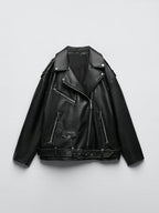 Women Loose Motorcycle Biker Black Leather Jacket with Belt