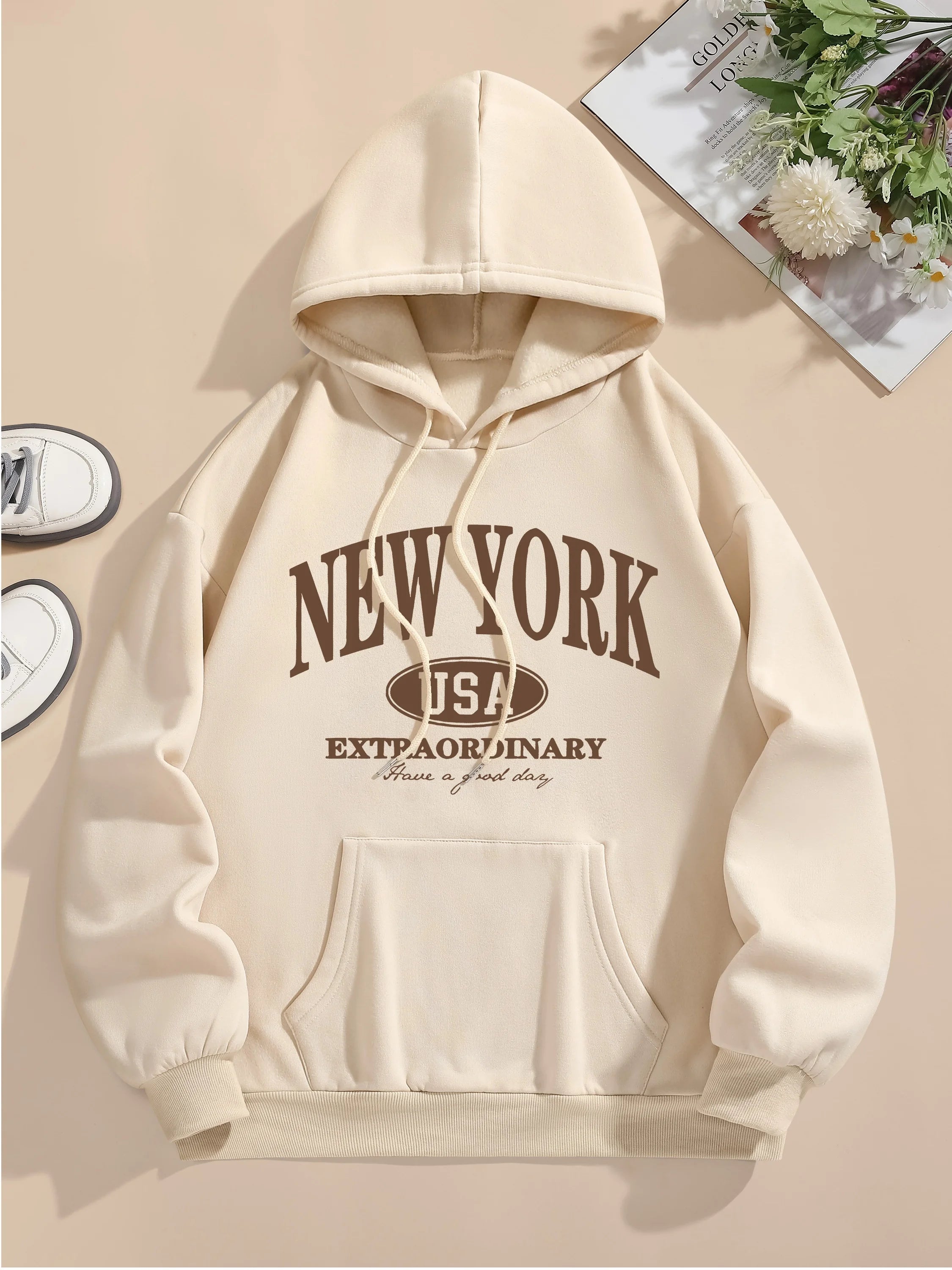 Letter Print Hoodie Casual Hooded Sweatshirt For Winter & Fall, Women's Clothing