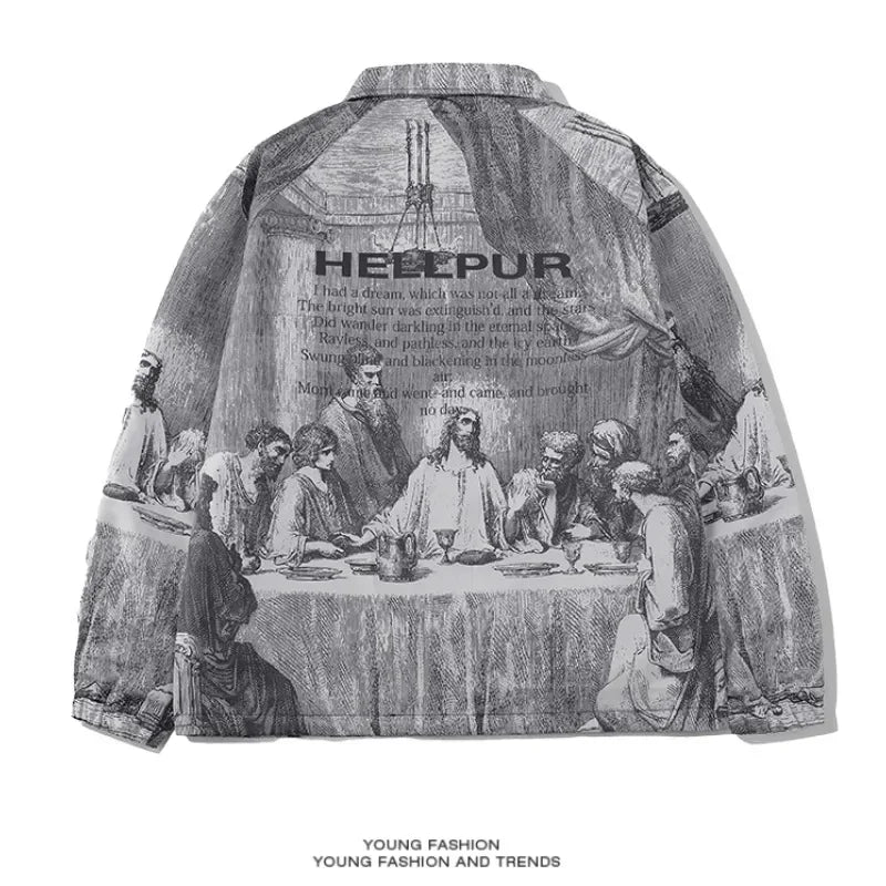 Autumn Men Jacket Oversized Painting Printing Couples Thin Casual Jackets Male Female Silk Vintage Clothing Man Coats Outerwear