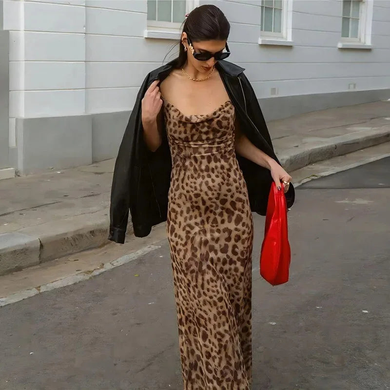 Leopard print V-neck backless street dress