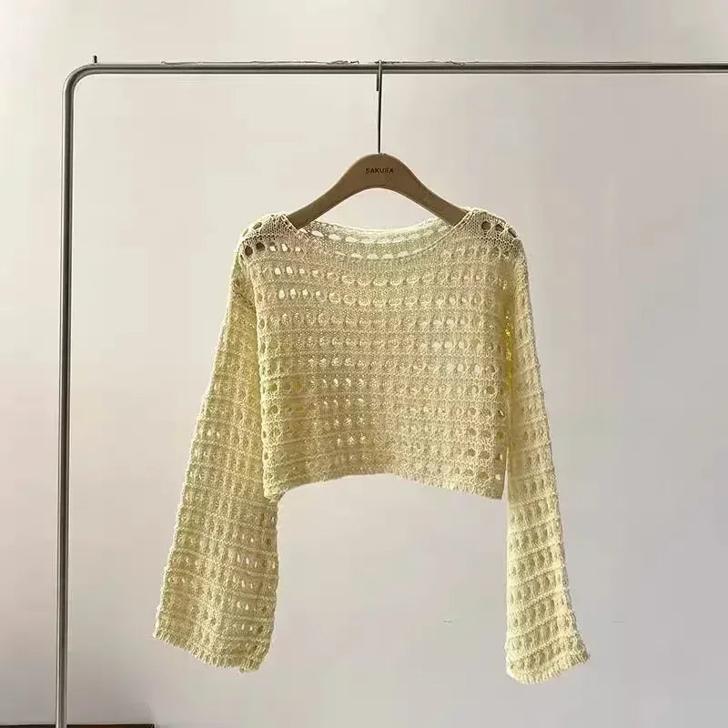 Long Sleeve Crochet Knit Top Pullover Wool Knitwear Outfit