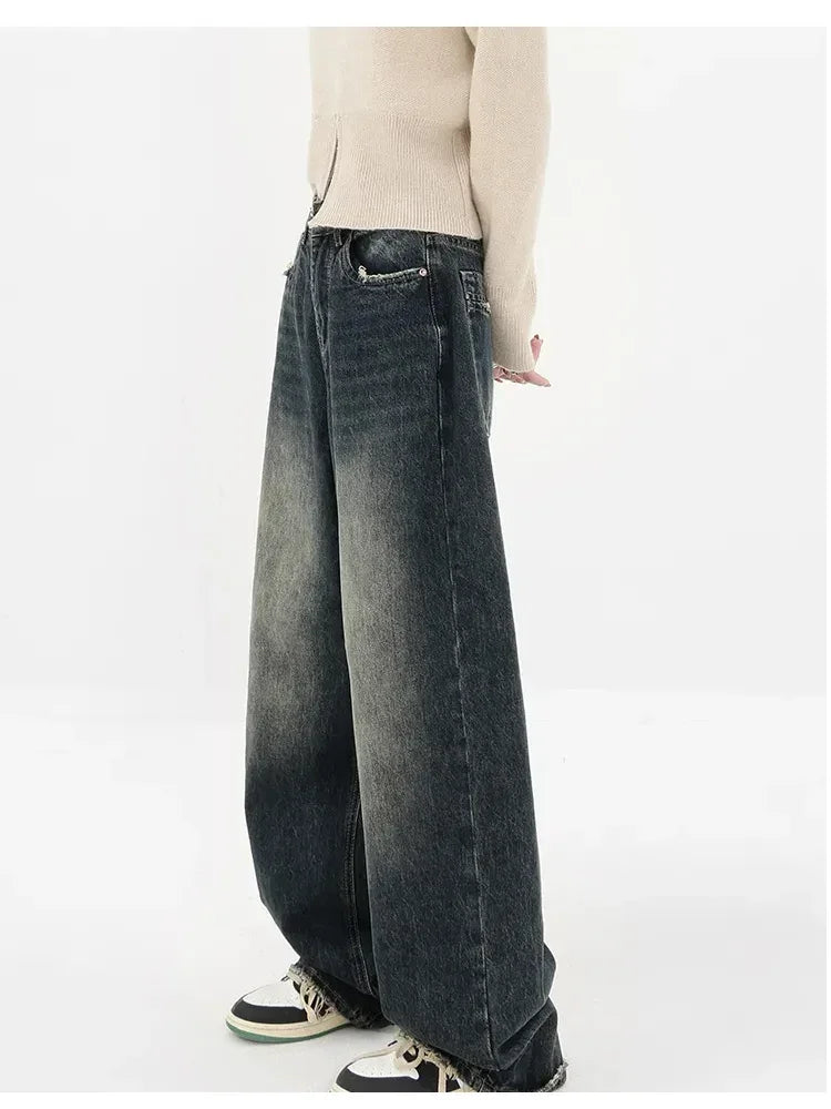Streetwear Women High Waist Jeans Loose Wide Leg Straight Loose Denim Trousers