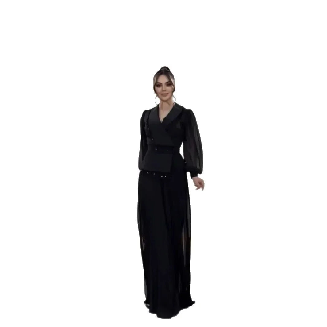 Long Skirt Suit Set with Tassel Lace Pleated Suit Women