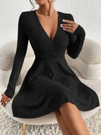 New Women Knit Slim Sexy Dress V-Neck Long Sleeve Dress