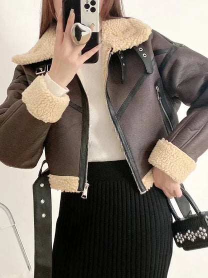 Women Streetwear Faux Lamb Leather Short Jacket with Belt