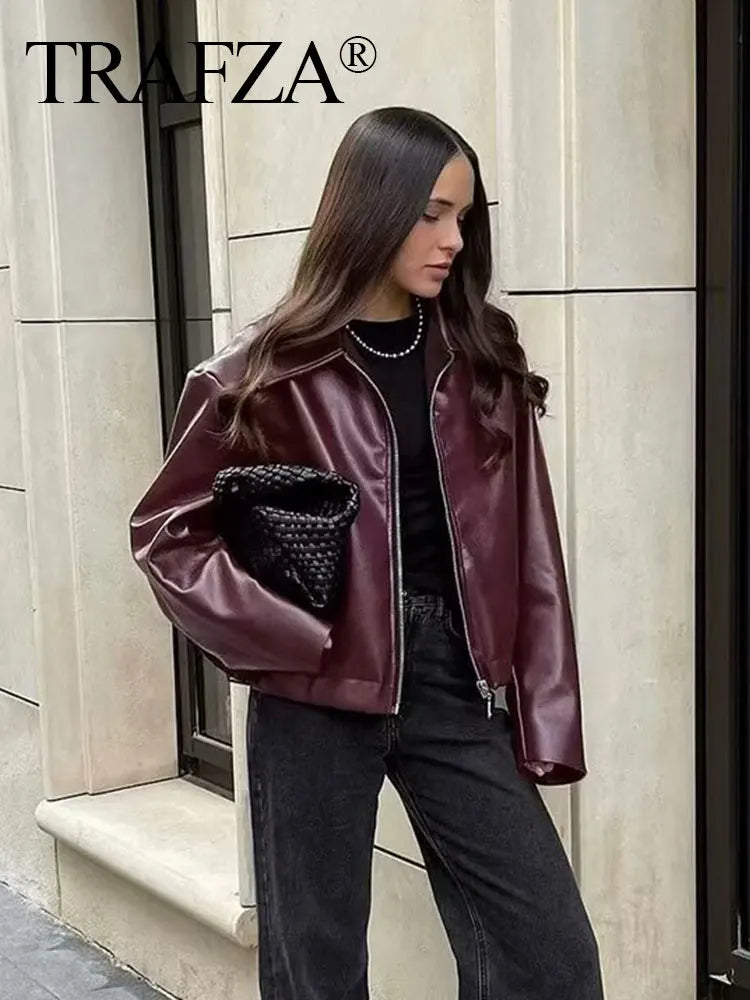 Leather Fashion Outerwear Thicken Zipper  Streetwear Ladies Tops Women