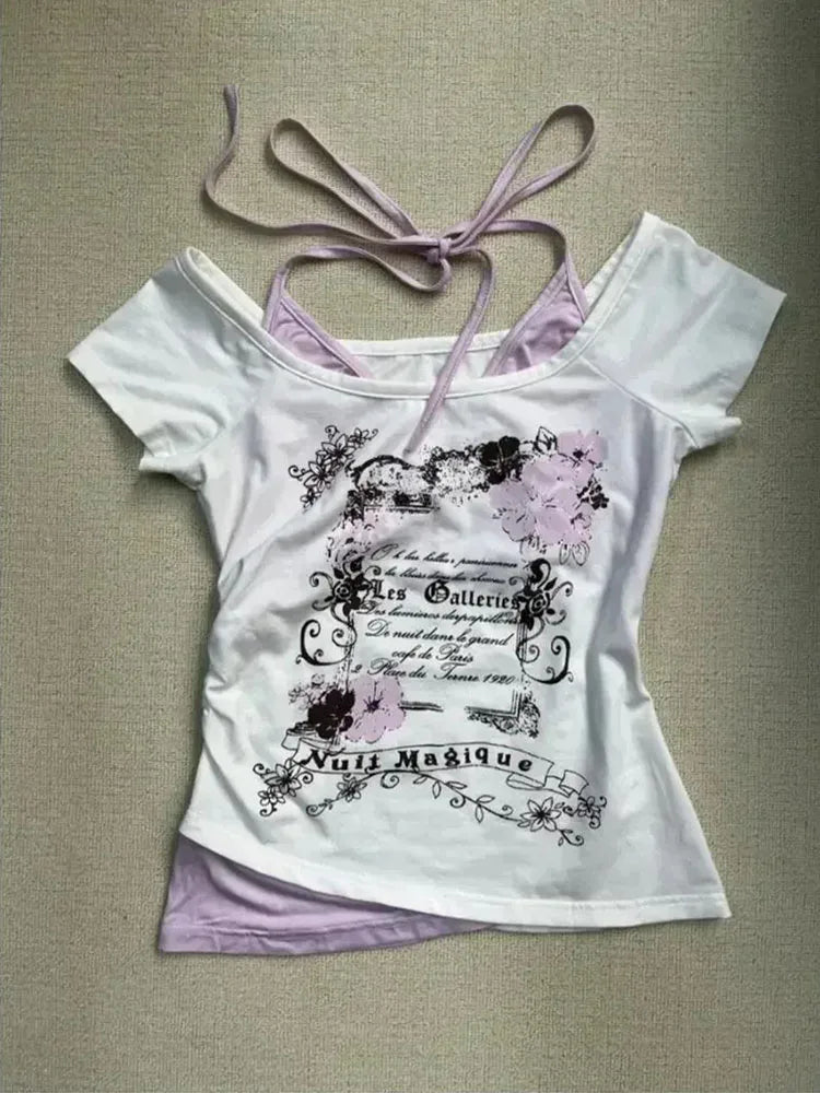 T-shirts Slim Fit Print Tops Women Off Shoulder Short Sleeve T Shirt