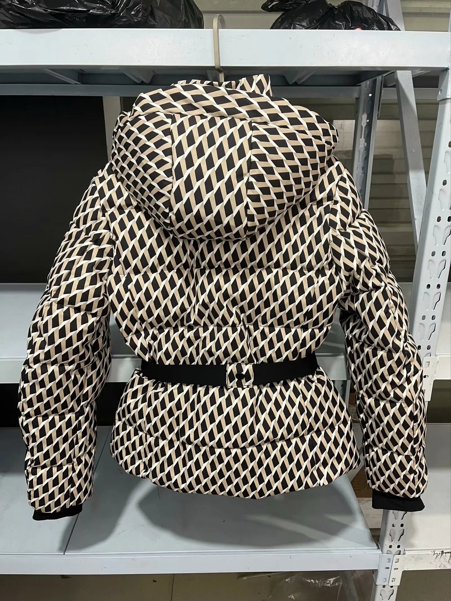 women's fashion waist with belt hooded down cotton jacket