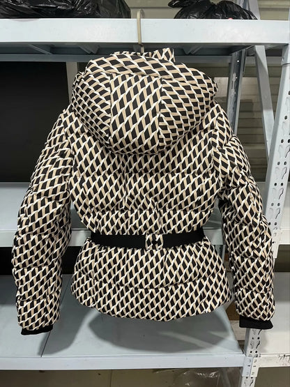 women's fashion waist with belt hooded down cotton jacket
