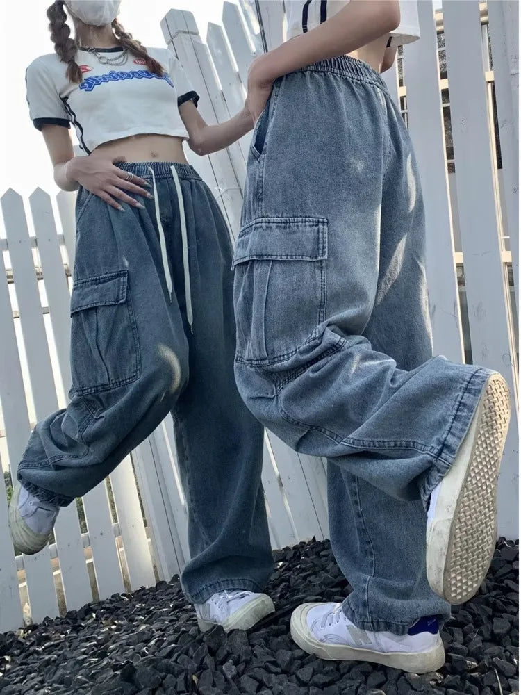 Straight Leg Jeans For Female Loose And Multi Pocket Wide Leg Pants