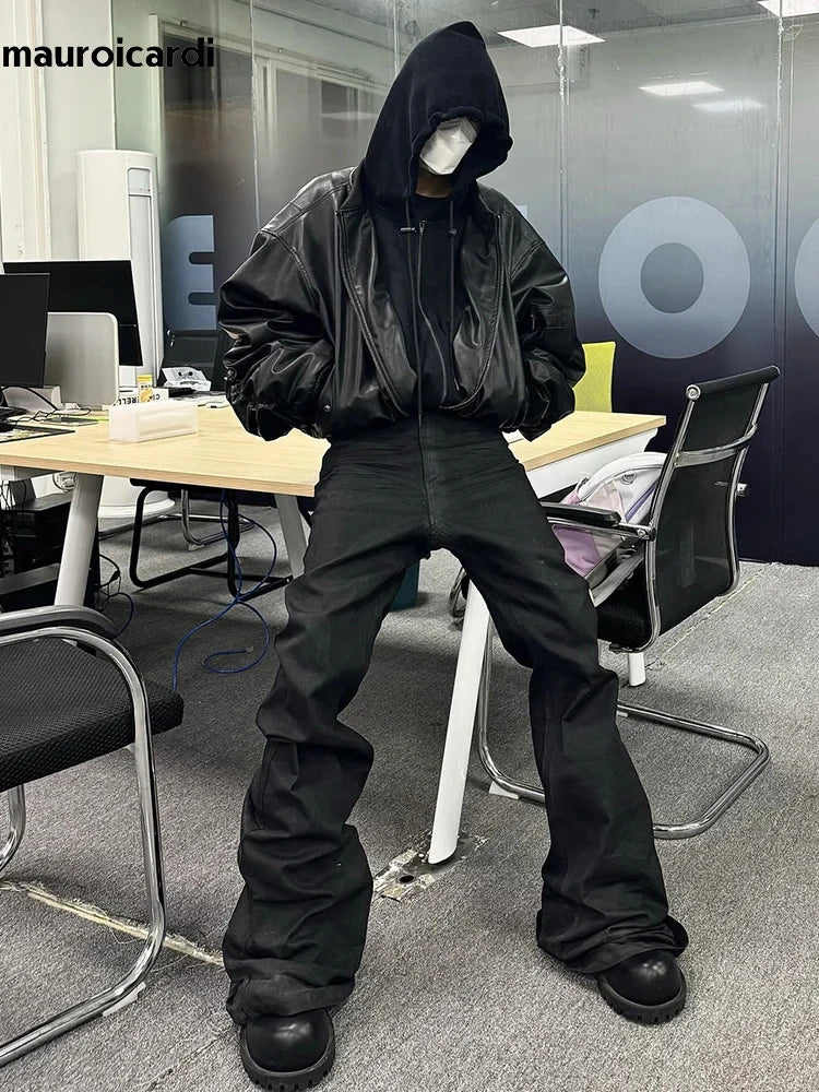 Winter Oversized Cool Black Thickened Warm Pu Leather Bomber Jacket Men