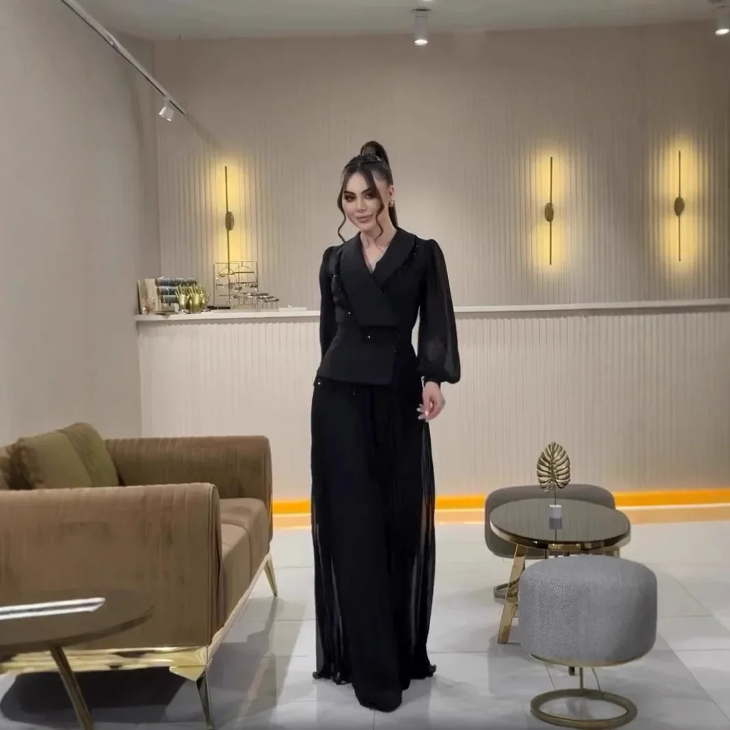 Long Skirt Suit Set with Tassel Lace Pleated Suit Women