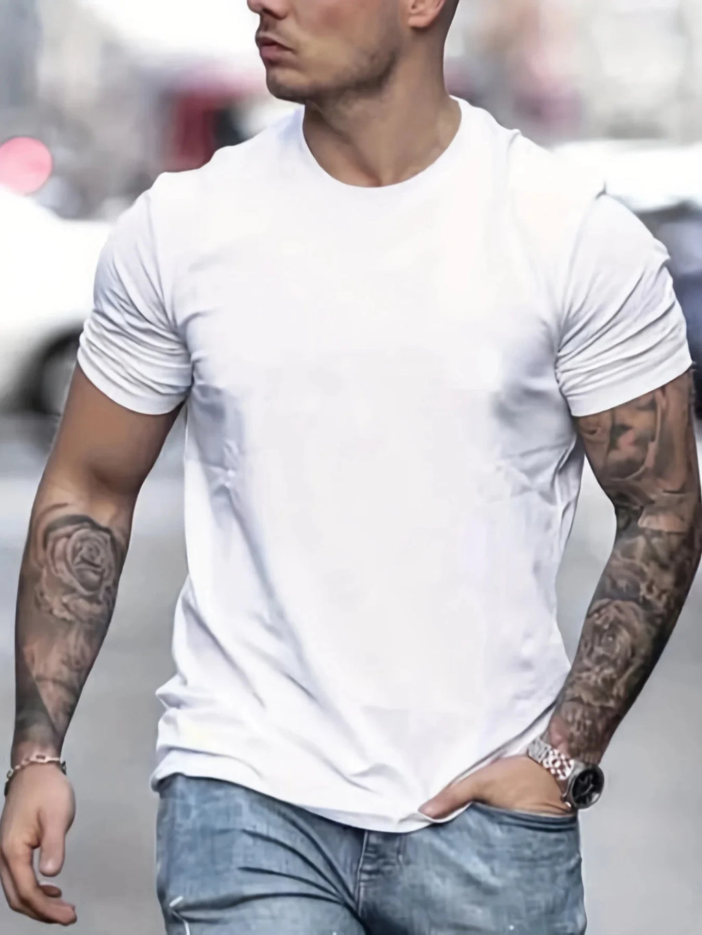 Men's 100% pure cotton print casual comfortable round neck T-shirt top