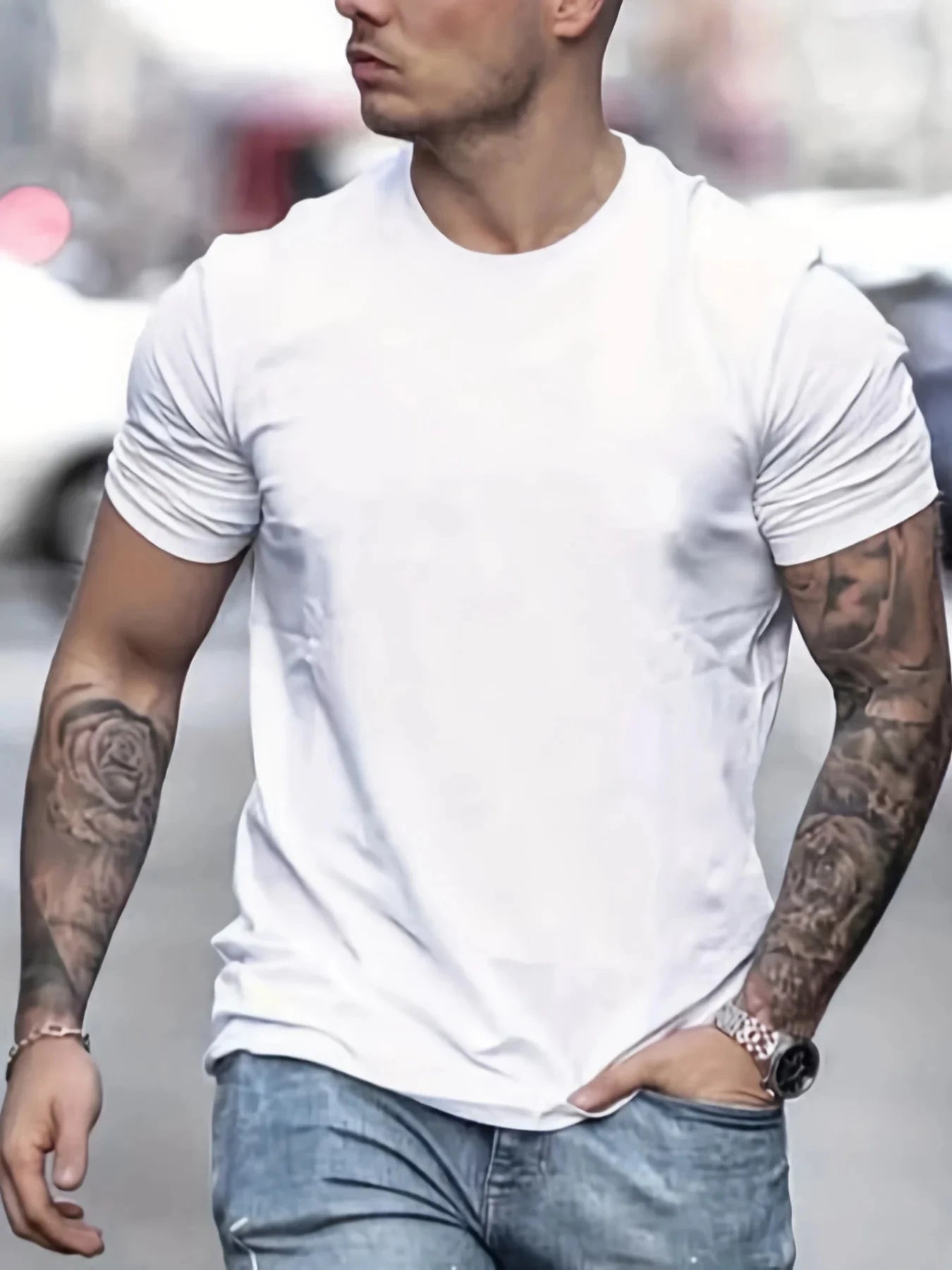 Men's 100% pure cotton print casual comfortable round neck T-shirt top