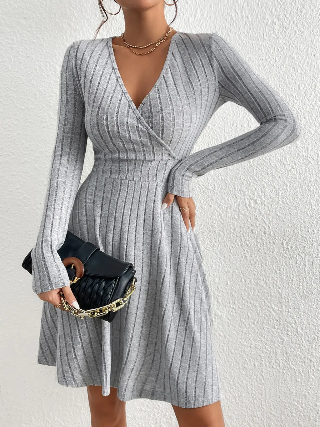 New Women Knit Slim Sexy Dress V-Neck Long Sleeve Dress