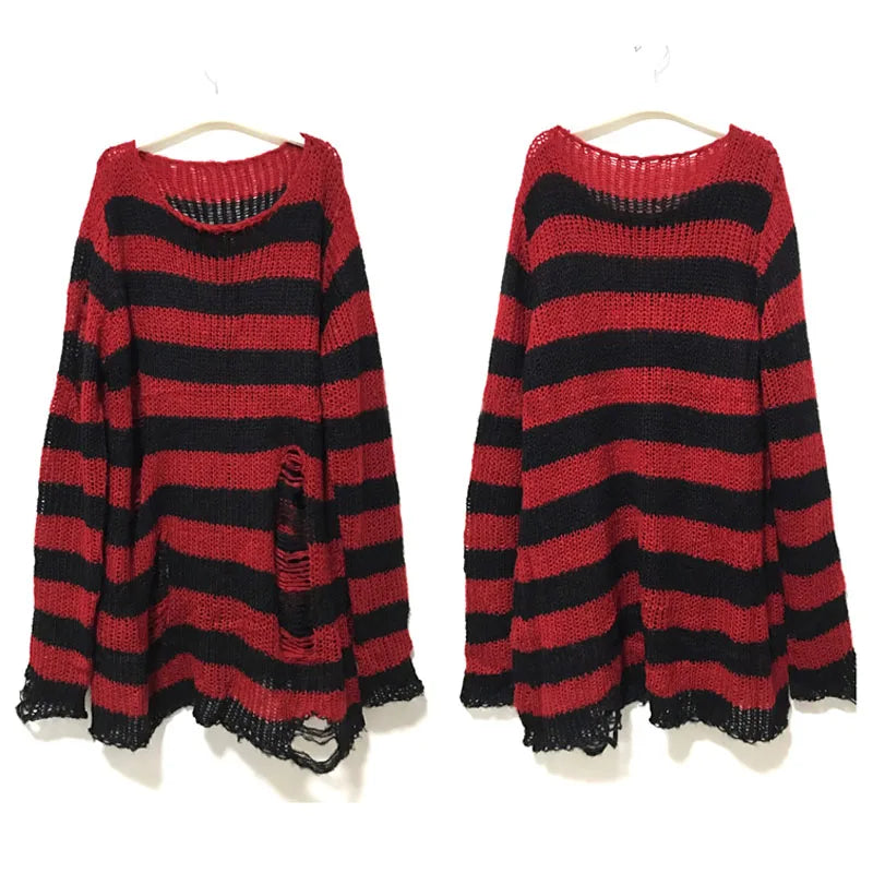 Unisex Sweater Summer Women Striped Cool Hollow Out Hole Streetwear Top