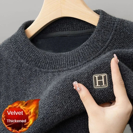 Men's Warm Fleece Sweater O-Neck Embroidered Casual Knitted Inner
