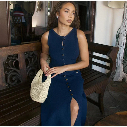 Single Breasted Long Dresses Women O Neck Button Bodycon Party
