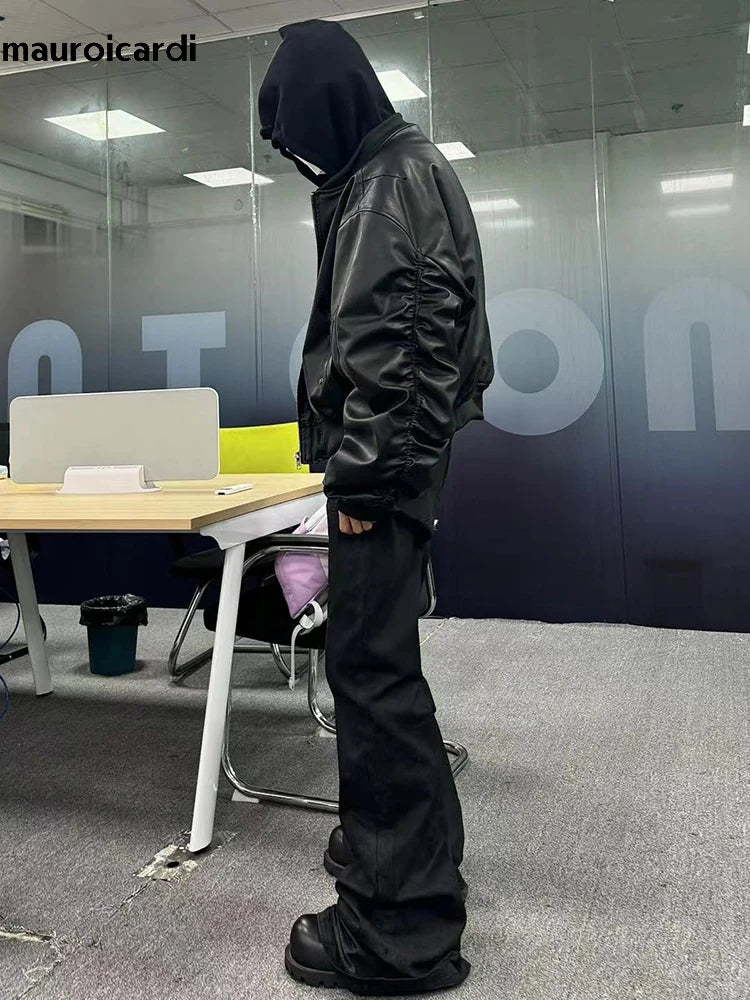Winter Oversized Cool Black Thickened Warm Pu Leather Bomber Jacket Men