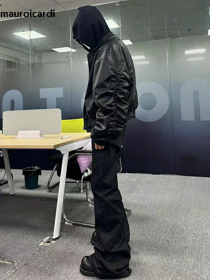 Winter Oversized Cool Black Thickened Warm Pu Leather Bomber Jacket Men