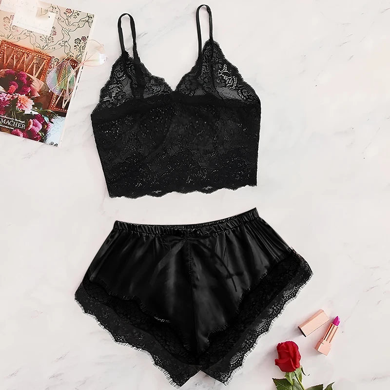 Chic Lace Nightwear Set – Feminine Sheer Design in Black and Pink
