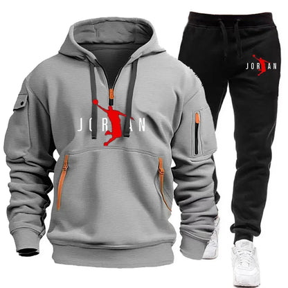 men's zipper multi-pocket hoodie loose casual sweater suit spring and autumn