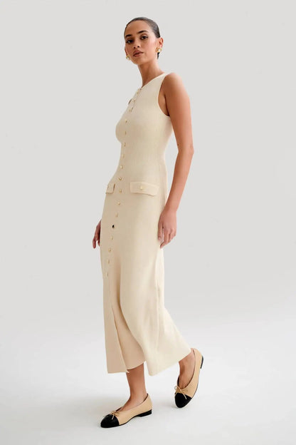 Long Dresses Women Solid Sleeveless O Neck Button