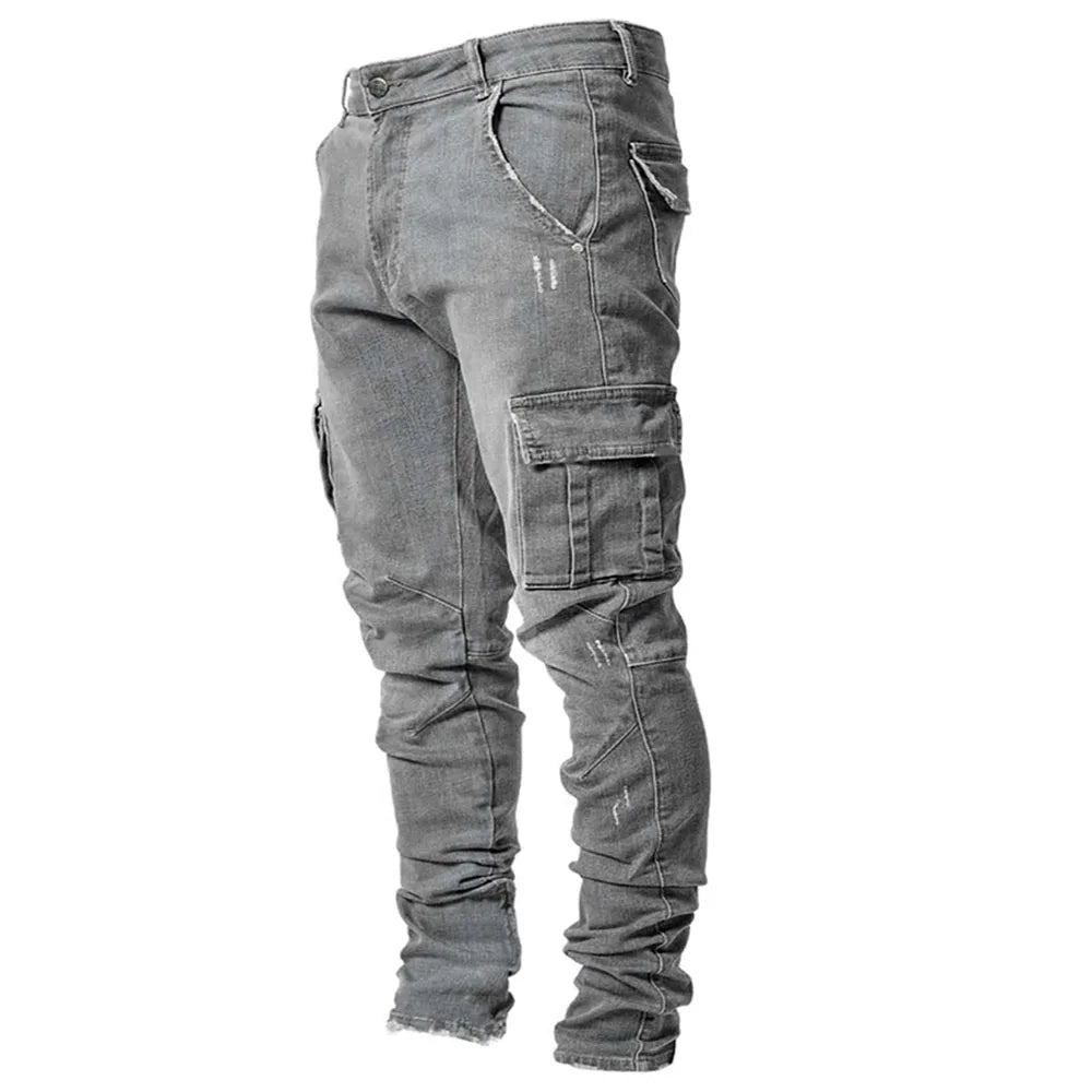 Men  Denim Brand Jeans Narrow Legs Multi Pockets Cargo Pants