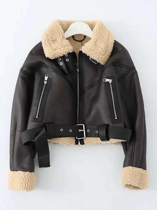 Women Streetwear Faux Lamb Leather Short Jacket with Belt