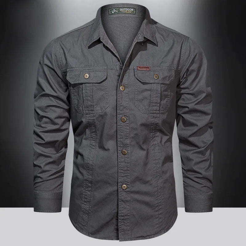 Spring Cotton Cargo Shirt for Men Long Sleeve Multi-Pocket Shirts