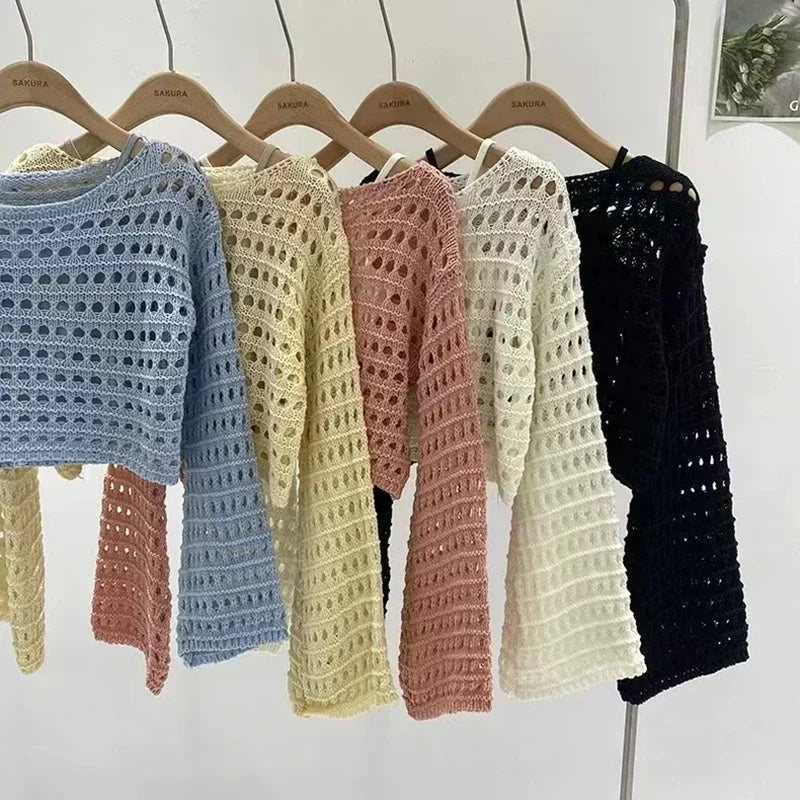 Long Sleeve Crochet Knit Top Pullover Wool Knitwear Outfit