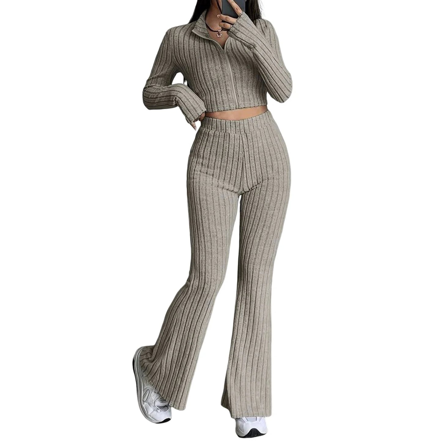 Long Sleeved Short Top and High Waisted Flared Pants Set for Women's Casual Wear