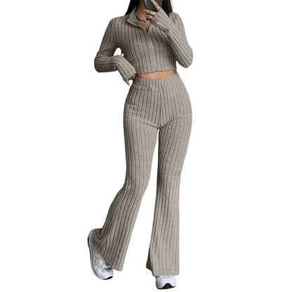 Long Sleeved Short Top and High Waisted Flared Pants Set for Women's Casual Wear