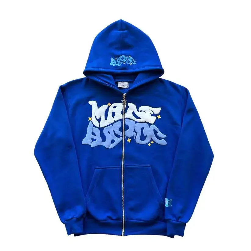 American Colorful Letter Print Zipper Hoodie Men Fashion High Street Oversized Sweatshirt Women Retro Casual Jacket