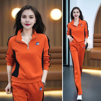 Women's Sportswear Set Color Matching Zippered Stand Collar Sweatshirt