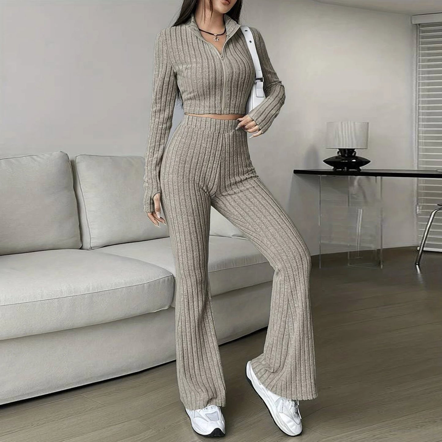 Long Sleeved Short Top and High Waisted Flared Pants Set for Women's Casual Wear