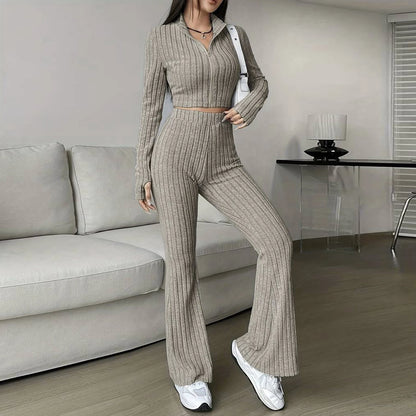 Long Sleeved Short Top and High Waisted Flared Pants Set for Women's Casual Wear