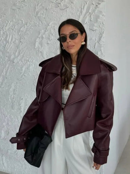Fashion Green Loose Leather Jackets Women's  Long Sleeve Short Coats