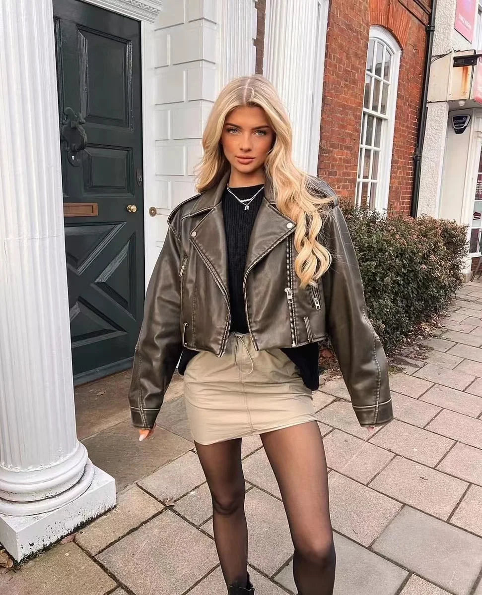Women Vintage Leather Short Jacket with Belt