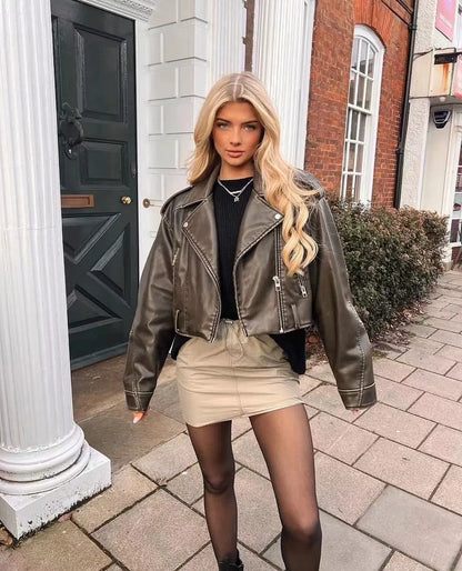 Women Vintage Leather Short Jacket with Belt